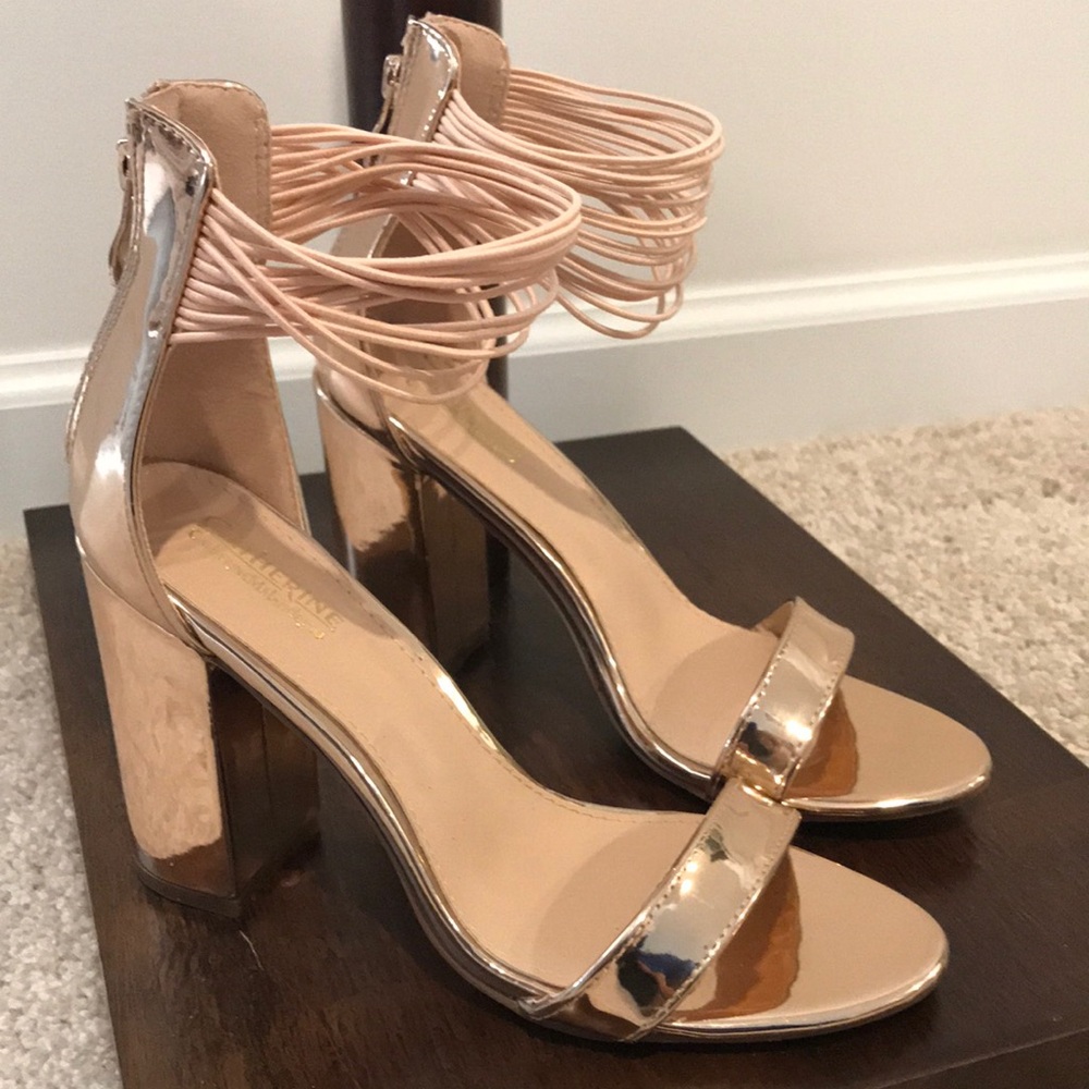 Final Price- CATHERINE MALANDRINO Metallic Rose Gold Ankle-Strap Heels - Picture 4 of 16